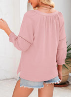 ⏳Time-Limited Special⏰Womens 3/4 Lantern Sleeve Casual V-Neck T-Shirts Pleated Loose Hollow-Out Blouse