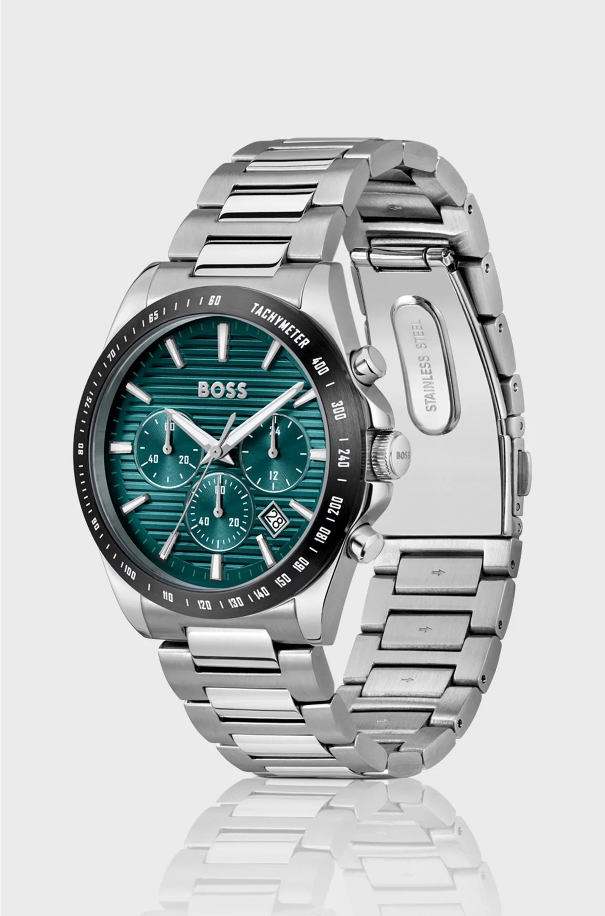 LINK-BRACELET CHRONOGRAPH WATCH WITH GREEN GROOVED DIAL