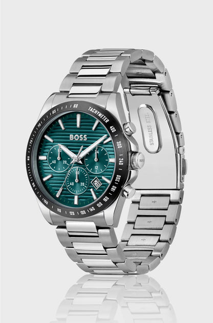 LINK-BRACELET CHRONOGRAPH WATCH WITH GREEN GROOVED DIAL