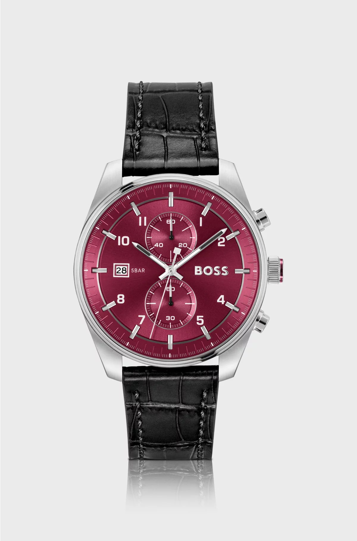 SILVER-TONE CHRONOGRAPH WATCH WITH ALLIGATOR-EMBOSSED LEATHER STRAP