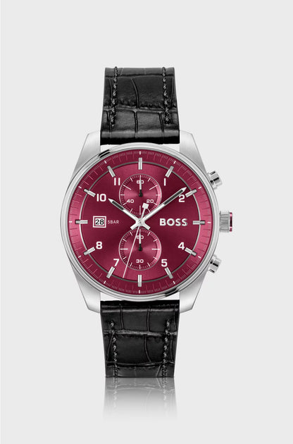 SILVER-TONE CHRONOGRAPH WATCH WITH ALLIGATOR-EMBOSSED LEATHER STRAP