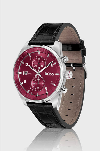 SILVER-TONE CHRONOGRAPH WATCH WITH ALLIGATOR-EMBOSSED LEATHER STRAP