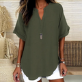 💎 60% OFF! 💎 Fashion Loose Short Sleeve Top – Notched V-Neck, Asymmetrical Hem & Lightweight Fabric (5 Colors, S–2XL) 👕🌸